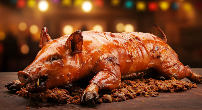 Traditional colombian culinary delight: whole roasted pig, lechona, presentation