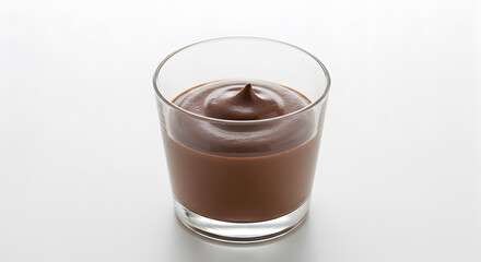 Decadent chocolate mousse dessert served in a clear glass on white surface