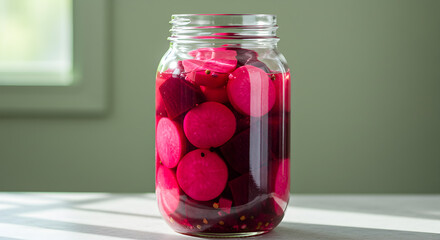 Vibrant pickled beets and turnips in a glass jar, adding a colorful touch