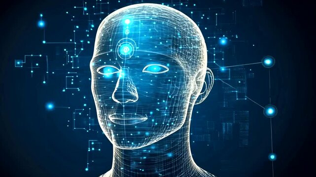 Futuristic digital human head with glowing circuits and data streams, symbolizing technology and innovation