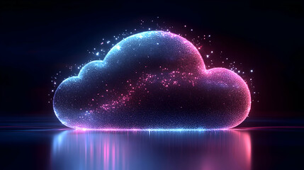 Sparkly cloud sits atop a glossy surface fading from a cool blue to a warm pink surrounded by tiny stars set against