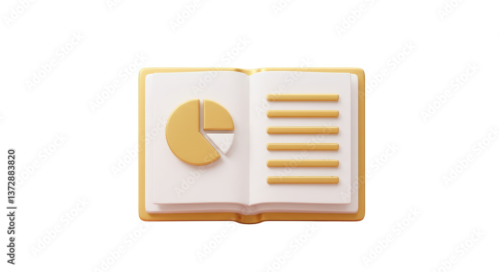 Poster isolated open book displaying a golden pie chart and lined pages