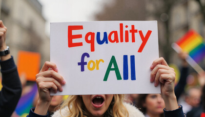 Determined protester holding “Equality for All” sign at rally, solidarity