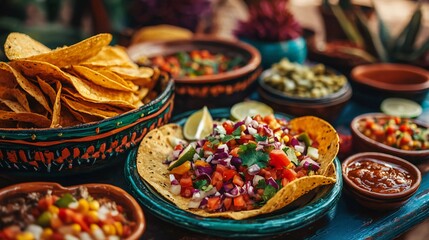 Fototapeta premium Cinco de Mayo, Delicious Mexican Fiesta Food Platter Tortilla Chips Salsa Pico de Gallo and Tacos A vibrant and colorful spread perfect for a festive celebration