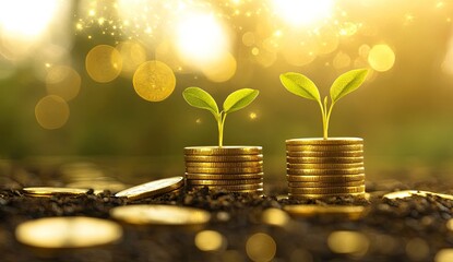 Growing success.  Small plants sprout from stacks of gold coins, symbolizing financial growth and prosperity.  The image evokes a sense of opportunity and abundance
