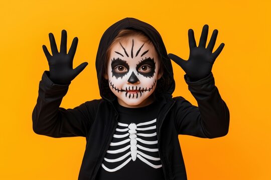Child in skeleton costume with skull makeup posing against bright orange background, celebrating Halloween with playful and spooky style, ideal for seasonal and festive designs.