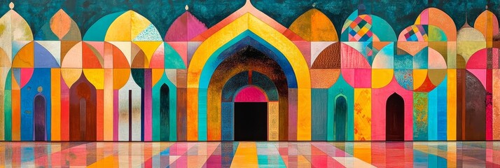Obraz premium Colorful abstract buildings with arches and domes reflected in water