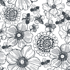 Hand-drawn garden flowers on white background.  .  Vector seamless pattern.  