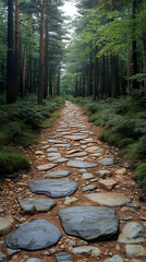 Naklejka premium Stone path winds through a lush forest flanked by tall trees and vibrant ferns creating a serene and inviting natural