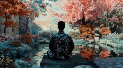 Person sits on a platform near water surrounded by colorful