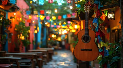 Cinco de Mayo, Classic guitar hanging outdoors in a vibrant colorful festive street at night with string lights and bunting A perfect image for travel music or cultural themes