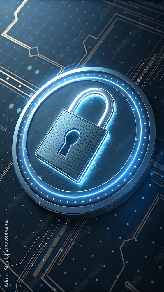 Poster futuristic security concept: glowing padlock over circuit board, representing data protection and ad
