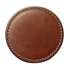 Round leather label isolated on white background. Empty brown material tag, frame with stitch, blank seam clothes patch. Premium realistic rough skin sticker wear classic craft apparel for jeans.