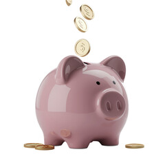 Pink piggy bank with gold coins, symbolizing savings and prosperity, isolated on transparent background