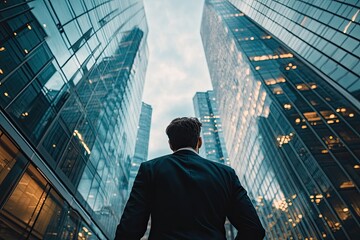 leadership, business banner background, career opportunity, businessman looking at office buildings