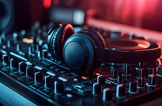 Black DJ headphones on console mixer. Audio equipment set for concert show. Sound control panel with buttons, knobs. Professional stage turntable mixing decks, music recording studio gear.