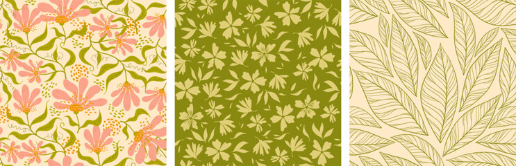 Obraz premium set with floral prints for fabric. seamless floral patterns with leaves and daisies. prints for the kitchen