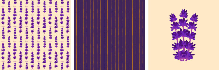 set of patterns with lavender and lines. poster and prints for fabric with Provence flowers © raykova