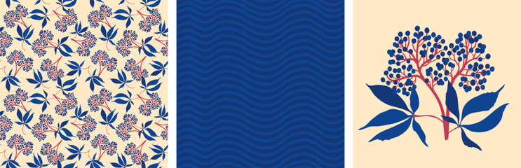 a set of patterns with girlish grapes and waves. poster and seamless pattern with berries on a branch.