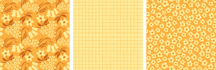 a set of seamless floral backgrounds. delicate flowers and buds with lines and a checkered print.