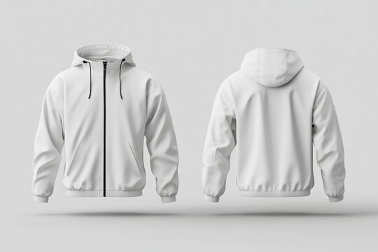 Design mockup of white windbreaker jacket from front and back perspectives. Concept Sure, I can help you create a design mockup of a white windbreaker jacket from both front and back perspectives