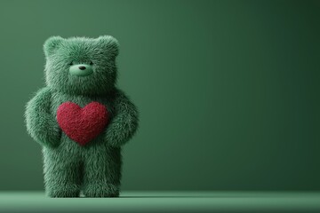 Green teddy bear holding a textured red heart on a green background