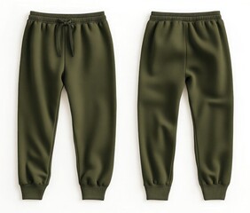 An olive green women's sweatpants mockup, front and back view, on a white background