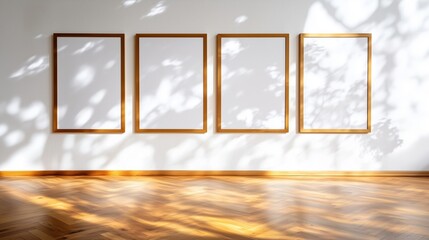 Fototapeta premium Mockup with four blank wooden frames on white wall, featuring soft tree shadows and natural sunlight, perfect for art, posters or prints in a warm, organic interior setting.