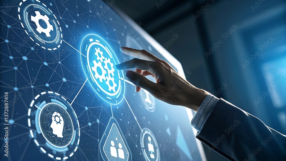 Poster hand interacting with digital interface displaying innovation, technology, automation, and connectiv