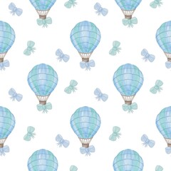 Seamless pattern with watercolor hot air balloons in blue tones, baby boy print, baby shower design, textile print, endless template