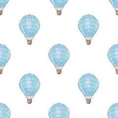 Naklejka premium Seamless pattern with watercolor hot air balloons in blue tones, baby boy print, baby shower design, textile print, endless template