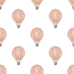 Naklejka premium Seamless pattern with watercolor hot air balloons in pink tones, baby girl print, baby shower design, textile print, endless template