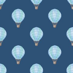 Seamless pattern with watercolor hot air balloons in blue tones, baby boy print, baby shower design, textile print, endless template