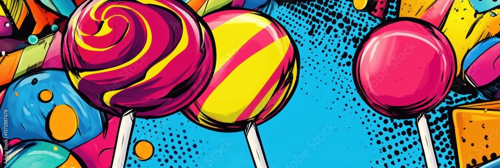 Poster dynamic pop-art background showcasing oversized colorful lollipops and chewy candy shapes in a vibra