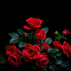 Obraz premium Velvet red roses, lush green leaves, dark background, beauty, vibrant, blossom