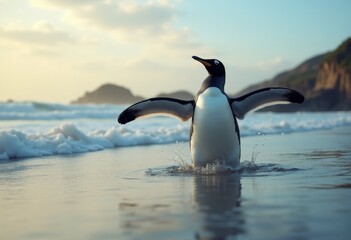 Obraz premium A penguin standing in the water with its wings spread