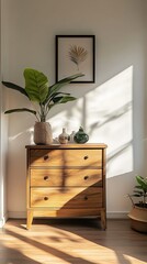 Wooden chest of drawers in a stylish modern living room interior