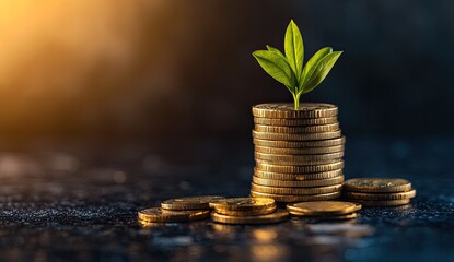 Growth, investment, and prosperity. A small plant sprouts from a stack of coins.  A symbol of financial success and future development
