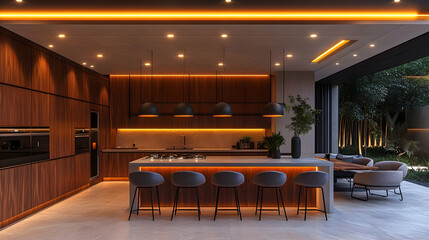 Modern Kitchen Interior with Wood Cabinets and Gray Island Featuring Stools Under Pendant Lights and Evening View of Yard with Patio