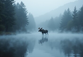 A moose standing in the middle of a foggy lake