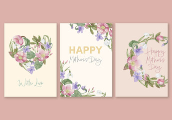 Set of Three Editable Mother's Day Card Templates with Hand Drawn Watercolor Floral Decorations and Elegant Typography.