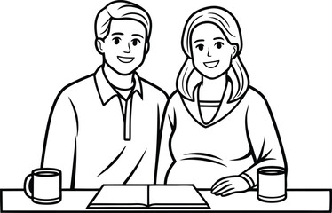 Smiling Couple Outlined, Man Woman, Open Book, Mugs on Table, White Background