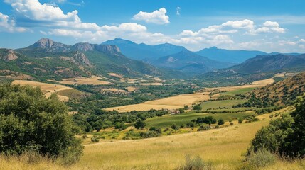 Rolling hills and mountains under a blue sky with scattered