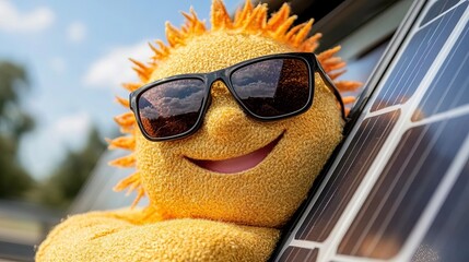 Cheerful cartoon sun with sunglasses, nestled against solar panels, radiating positivity and energy.