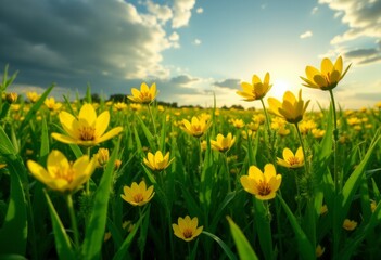A field of yellow flowers under a cloudy sky