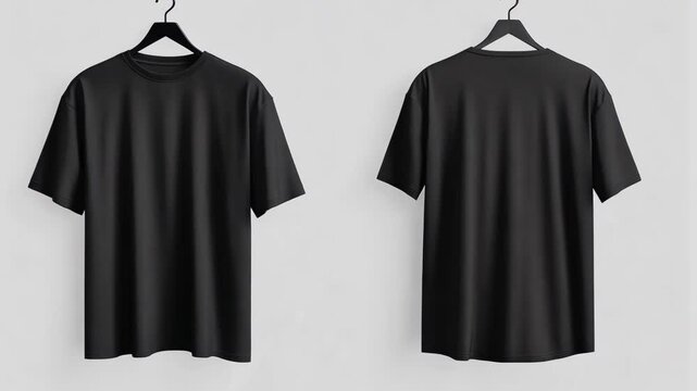 Black t-shirt displayed on hangers showcasing front and back views in a minimalist setting