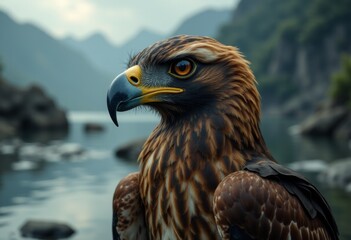 Obraz premium A close up of a bird of prey sitting on a rock by the water