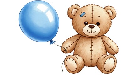 A cute teddy bear holding a blue balloon floating in the air