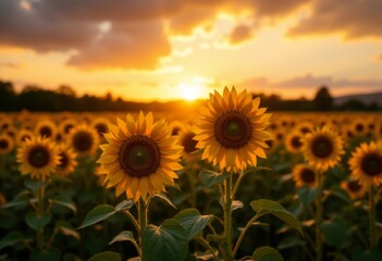 Obraz premium sunflowers in a field at sunset