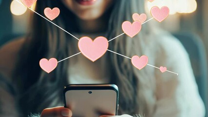 Close-up of phone with like notification icons floating above smartphone screen in hands of young woman